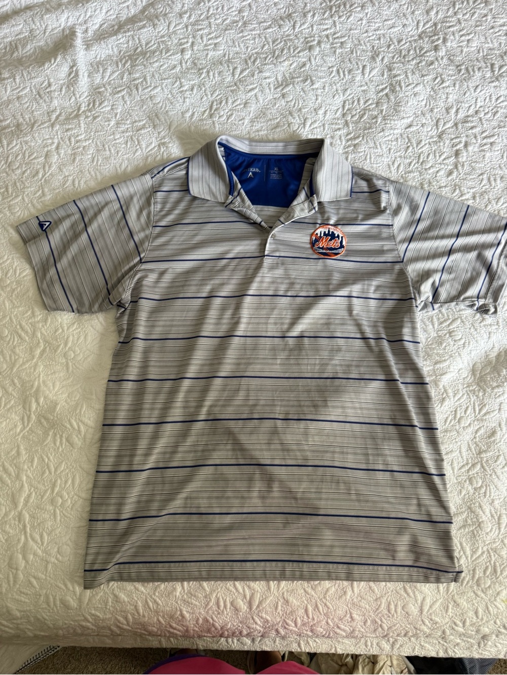 Antigua Light Gray Polo with Navy Stripe and Mets Patch